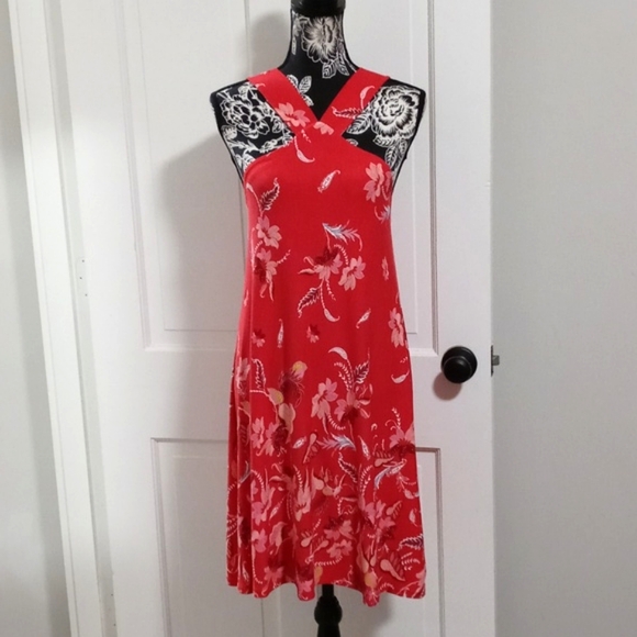 💋LOFT💋 - Red/Pink Floral Print Halter Swing Dress - Picture 1 of 8